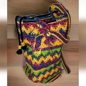 Hipster Woven Crochet Handbag, Drawstring Closure